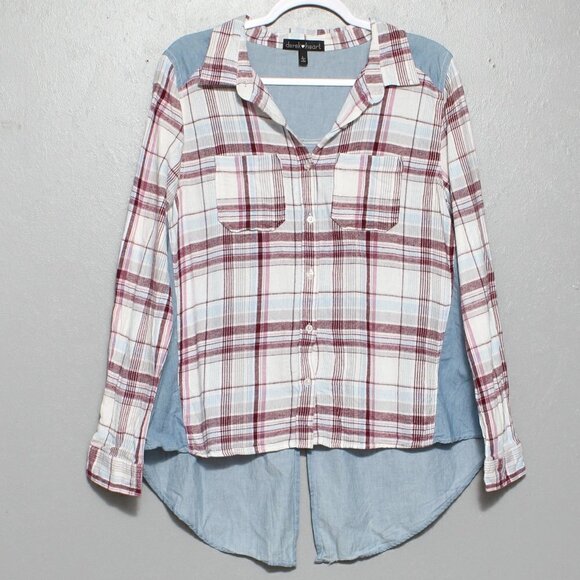 Derek Heart Tops - Derek Heart cotton red white plaid chambray denim back button up hi low shirt